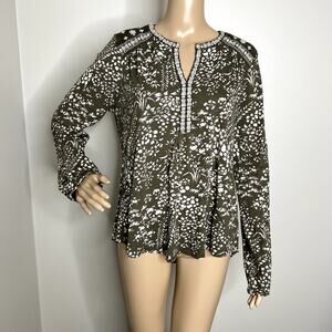 Lucky Brand Green Floral Embroidered Long Sleeve Top